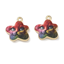 Colorful Printed Alloy Pendants, Flower with Cat Shape Charms, Rack Plating, Cadmium Free & Nickel Free & Lead Free, Golden, Colorful, 18.5x17x4mm, Hole: 1.8mm