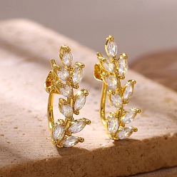 Golden Brass Pave Cubic Zirconia Stud Earrings for Women, Leaf, Golden, 25x9mm
