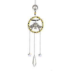 Antique Silver & Stainless Steel Color Halloween Bat Alloy Hanging Suncatcher, Moon Star Metal Charm and Glass Beads & Cone Charms for Window Prism Wall Decor, Antique Silver & Stainless Steel Color, 297mm