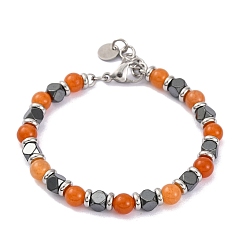 Красный Агат Браслет из круглых бусин из натурального сердолика и синтетического гематита, 8-1/4 дюйм (21 см)