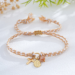 Светло-коричневый Латунь шарм браслеты, Регулируемые браслеты из плетеного хлопкового шнура для женщин и мужчин, крест и овал с девой марией, загар, 11.02 дюйм (28 см)