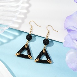 Черный Серьги-подвески из треугольного бисера ручной работы, с бусинами из полимерной глины, треугольные, золотые, чёрные, 62x26.5 мм
