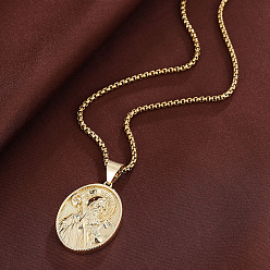 Golden Religion Brass Emboss Saint Oval Medal Pendant Necklaces for Men Women, Golden, 23.62 inch(60cm)