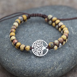 Сумасшедший Агат Браслеты из круглых бусин натурального агата с плетением, сплав древо жизни браслеты для мужчин и женщин, античное серебро, 6-3/4 дюйм (17 см)