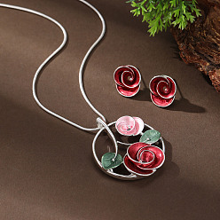 Красный Комплекты из ожерелий и серег-гвоздиков из сплава эмали для женщин, цветок, красные, Ожерелье: 420 mm