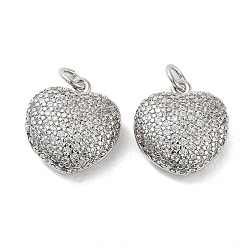 Platinum Brass Micro Pave Clear Cubic Zirconia Pendants, Heart, Platinum, 15x14x7mm, Hole: 3.4mm
