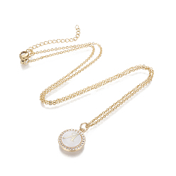 Letter A Brass Initial Pendant Necklaces, with Shell, Cubic Zirconia and 304 Stainless Steel Cable Chains, Flat Round with Letter, Letter.A, 17.5 inch(44.5cm), 1.5mm
