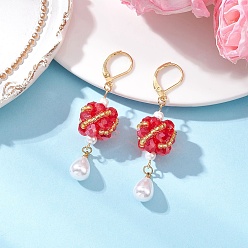 Красный Стеклянные серьги-капли с застежкой-рычагом, золотые, красные, 57.5x15.5 мм