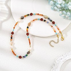Colorful Natural Agate(Dyed & Heated) and Pearl Beaded Necklaces, Faceted Round and Nuggets, Golden, Colorful, 16.54 inch(42cm)