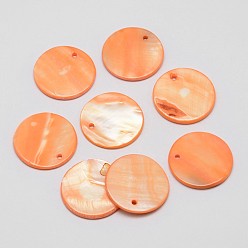 Orange Dyed Natural Flat Round Shell Pendant, Orange, 25x2mm, Hole: 2mm
