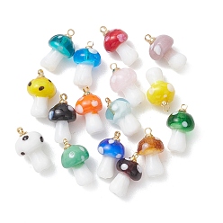 Золотой Подвески лэмпворк ручной работы, грибные прелести, с латунными штифтовыми скобами, золотые, золотые, 16~17x9~10 мм, отверстие : 1.6 мм