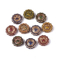 (52) Непрозрачная лаванда Краска для запекания Пикассо и стеклянные бусины, инкрустированные золотым металлом, плоский круглый и отпечаток, разноцветные, 15x5.5~6 мм, отверстие : 0.8~1.2 мм