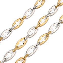 Настоящее золото 18K Двухцветный 304 овальный браслет из нержавеющей стали с цепочками, переплетенными крестами, ионное покрытие (ip), несварные, с катушкой, реальный 18 k позолоченный, 14x7x1.5 мм