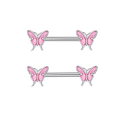 Number 304 Кольца для сосков из нержавеющей стали с розовым кубическим цирконием, цвет нержавеющей стали, бабочка, 16 мм, штифты : 1.6 мм