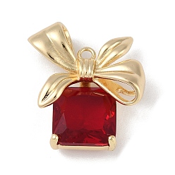 Светло-сиамский Подвески из латуни со стразами на рождественскую тематику, без кадмия, без никеля и без свинца, коробка с бантом, золотые, Light Siam, 20.5x17.5x7 мм, отверстие : 1.5 мм