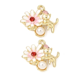 Pink Подвески из сплава и страза, цветок с подвесками в форме кошки, с эмалью и искусственным жемчугом из АБС-пластика, стойки покрытие, долговечный, золотые, розовые, 20x19x5 мм, отверстие : 1.8 мм