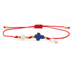 Прусский Синий Пластиковые браслеты с подвесками из искусственного жемчуга, Браслеты из натуральных ракушек, синтетической бирюзы и латунных бусин, плетеные из бусин, для женщин., крест и сердце, берлинская лазурь, 11.02 дюйм (28 см)