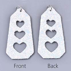White PU Leather Big Pendants, with Sequins/ Paillettes and Platinum Tone Iron Jump Rings, Polygon with Heart, White, 62x31x2mm, Hole: 5mm