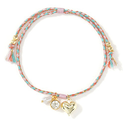 Pink Браслеты с подвесками из латуни и искусственного жемчуга, регулируемые плетеные браслеты из хлопкового шнура для женщин, Сердце & плоские круглые, розовые, внутренний диаметр: 11 дюйм (28 см)