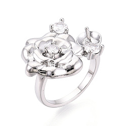 Платинированный Оправы для колец-манжет из цветочной латуни с микропаве из прозрачного кубического циркония, за половину пробурено бисера, без кадмия, без никеля и без свинца, Реальная платина, штифты : 1 мм, 16.5 мм, размер США 7 3/4 (17.9 мм)