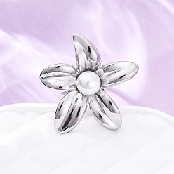 Нержавеющая Сталь Цвет Цветок 304 манжетные кольца из нержавеющей стали, с пластиковой имитацией жемчуга, цвет нержавеющей стали, 28.5x28 мм, внутренний диаметр: 17 мм