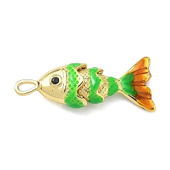 Лайм Рыба из латуни микро проложить Цирконом подвески, Эмаль стиле, долговечный, без кадмия и без свинца, реальный 18 k позолоченный, желто-зеленые, 22x9x5 мм, отверстие : 2.5x1.5 мм