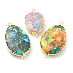 Имперская яшма Соединители из натуральной имперской яшмы, окрашенная и подогревом, с золотыми латунными краями, Плоско-овальные, 30~39x17~21x6~6.5 мм, отверстие : 1~2 мм