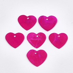 Magenta Spray Painted Capiz Shell Pendants, Heart, Magenta, 21.5~22x25x1mm, Hole: 1.5mm
