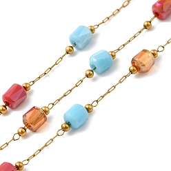 Золотой Ручная работа 304 цепочки из нержавеющей стали с бусинами, пайки, с 316 кабельными цепочками из нержавеющей стали, стеклянные бусины и катушка, ионное покрытие (ip), колонка, золотые, бусины : 2~6.5x2.5~4 мм