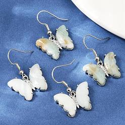 Flower Amazonite Серьги-подвески из латуни с натуральным цветком амазонита, стойки покрытие, без свинца и без кадмия, платина, бабочка, 31x20.5 мм