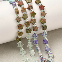 Смешанные камни 5 Виды бусин из синтетической императорской яшмы, натурального топаза, нефрита, кварца, унакита и камбабской яшмы., звезда, с бисером, смешанные окрашенные и неокрашенные, 6x5.5x2.5 мм, отверстие : 1 мм, около 54 шт / нитка, 15.35'' (39 см) ~ 15.55'' (39.5 см)