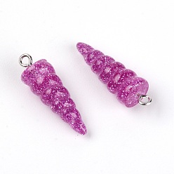 Фиолетовый Подвески из смолы, с платиновым железным колышком, блеск порошок, рог единорога, фиолетовые, 29x10x9.5 мм, отверстие : 1.8 мм