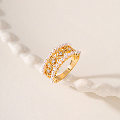 Real 18K Gold Plated Brass Micro Pave Cubic Zirconia Finger Ring, with Plastic Bead, Real 18K Gold Plated, US Size 8(18.1mm)