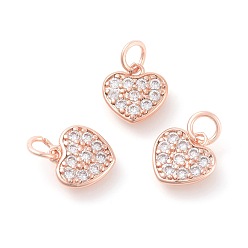 Розовое Золото Латунные микро проложить кубического циркония прелести, сердце, прозрачные, розовое золото , 10x10x1.8 мм, отверстие : 3 мм