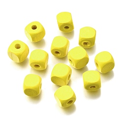 Желтый Спрей окрашены деревянные бусины, квадратный, желтые, 10x10x10 мм, отверстие : 3 мм