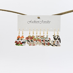 (52) Непрозрачная лаванда 5 пары серег-подвесок в виде черепа из сплава с эмалью на Хэллоуин, золотые, разноцветные, 45x21~23 мм