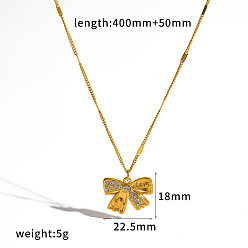 Bowknot 304 Stainless Steel Crystal Rhinestone Pendant Necklaces, Golden, Bowknot, 15.75 inch(40cm), pendant: 22.5x18mm
