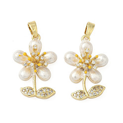 Снежный Латунные микро проложить кубического циркония подвески, без кадмия и без свинца, цветок, с абс пластиковым перламутром и эмалью, реальный 18 k позолоченный, снег, 22.5x15.5x6.5 мм, отверстие : 2.5x4 мм