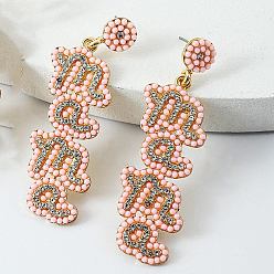 Бледно-Розовый Серьги-гвоздики из сплава со стразами ко Дню матери, Слово мама, золотые, розовый жемчуг, 20x60 мм