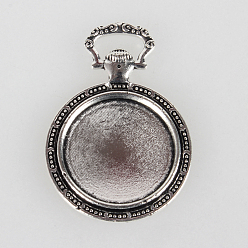 Antique Silver Tibetan Style Alloy Pendant Cabochon Settings, Cadmium Free & Lead Free, Flat Round with Pattern, Antique Silver, Tray: 20mm, 39x27x3.5mm, Hole: 9x3mm, about 145pcs/kg