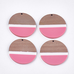 Hot Pink Resin & Walnut Wood Pendants, Flat Round, Hot Pink, 38~38.5x3mm, Hole: 2mm