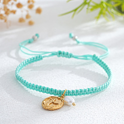 Бирюза Браслеты с подвесками из латуни и искусственного жемчуга, плетеные браслеты из полиэфирного шнура для женщин, овальные с листа, бирюзовые, 11.02 дюйм (28 см)