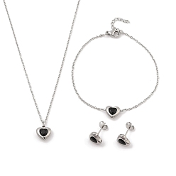 Черный Сердце 304 ожерелья, браслеты и серьги-гвоздики из нержавеющей стали с микропаве из кубического циркония для женщин, чёрные, 7.48 дюйм (190 мм)