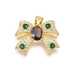 Индиго Латунные микро проложить кубического циркония подвески, бантом, стойки покрытие, долговечный, без свинца и без кадмия, реальный 18 k позолоченный, индиговые, 16x21x3.5 мм, отверстие : 4x3 мм