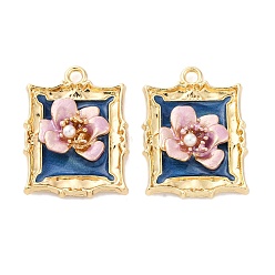 Морской Синий Подвески из эмали и сплава, с ABS имитации жемчуга, без кадмия, без никеля и без свинца, стойки покрытие, прямоугольник с цветочной подвеской, золотые, Marine Blue, 25.5x19x5 мм, отверстие : 2 мм