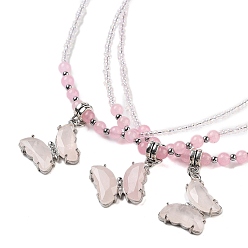 Розовый Кварц Ожерелья-подвески с граненой бабочкой из натурального розового кварца и окрашенного натурального белого нефрита, ожерелья из бисера для женщин, 18.82 дюйм (47.8 см)