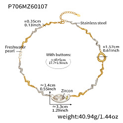 Golden & Stainless Steel Color Duo Tone 304 Stainless Steel Pave Clear Cubic Zirconia Horse Eye Pendant Wavy Bar Link Chain Necklaces with Natural Freshwater Pearls for Women, White, Golden & Stainless Steel Color, 17.72 inch(45cm)