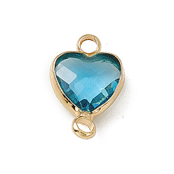 Aquamarine Transparent K9 Glass Connector Charms, Heart Links, with Light Gold Tone Brass Findings, Aquamarine, 14x8.5x3.7mm, Hole: 1.8mm