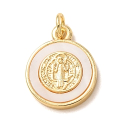 Golden Brass Pendants, with White Shell, Flat Round with Saint Charms, Golden, 17x14x2mm, Hole: 3mm