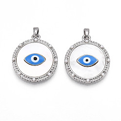 Платина Латунные микро проложить кубического циркония подвески, без кадмия, без никеля и без свинца, плоские круглые с сглаза, с ракушкой, эмалью и искусственным жемчугом из АБС-пластика, платина, 25x22x4 мм, отверстие : 5x2 мм
